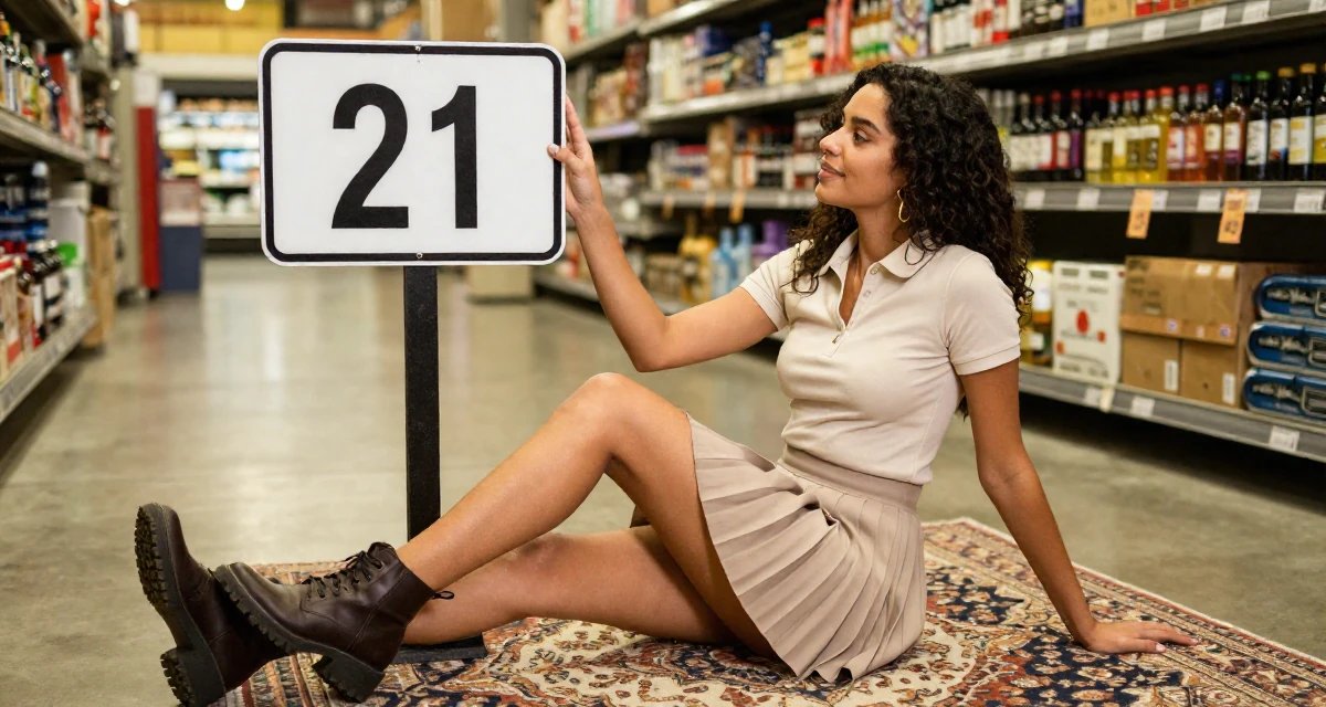 A warm Female Once a warehouse picker, now building a creator brand from scratch in their 21, embracing a carefree bohemian lifestyle, wearing a short pleated skirt and a tight polo shirt, looking at a street sign in a supermarket aisle.