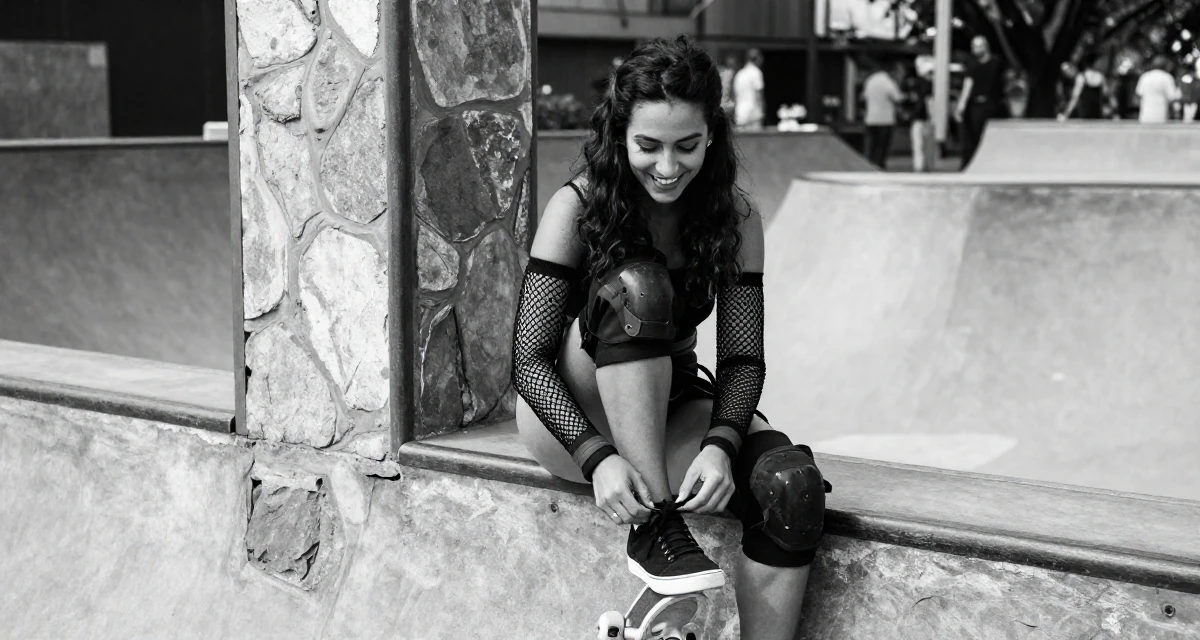 A cheerful Female From Brazil, graduated in tourism management in their 24, taking creative work more seriously, wearing a ninja kunoichi outfit with fishnet details, tying a shoelace in a skate park.