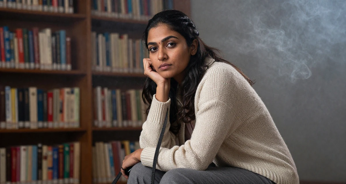 A humble Female From India, studied biotechnology in their 40, embracing natural beauty and self-acceptance, wearing a cozy knit cardigan and slacks, holding a leash in a quiet library corner.