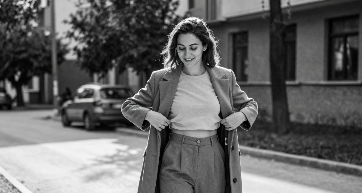 A relaxed and happy Female From Turkey, majored in mechatronics in their 33, documenting a cross-country road trip, wearing a cropped blazer and high-waisted trousers set, unbuttoning a coat in a university campus.