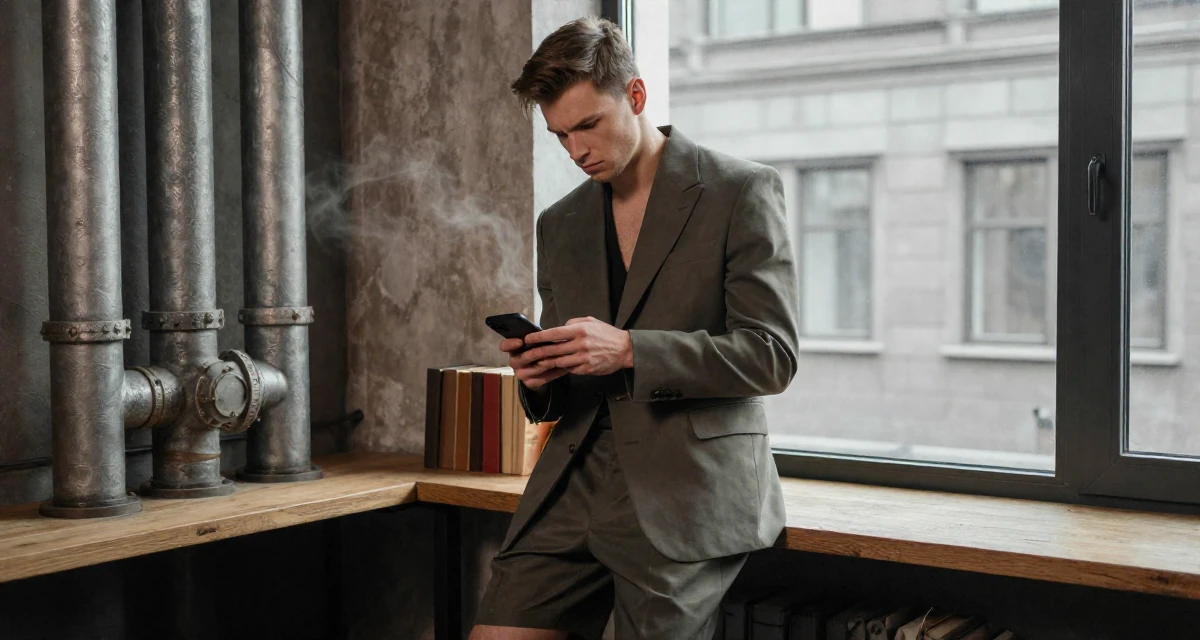 A defiant male From Ukraine, has a degree in interior design in their 22, adapting to the shift from school to full-time work, wearing a tailored shorts suit with a matching jacket, checking a notification on a phone in a cozy reading nook by a window.
