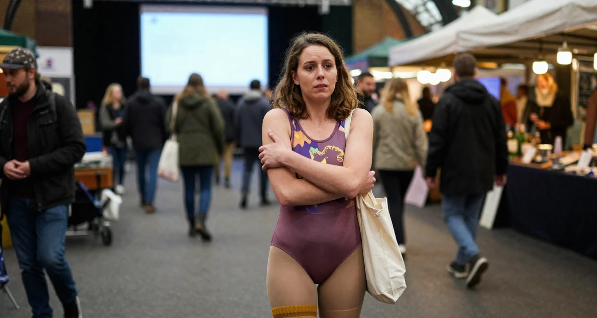 A vulnerable Female From UK, studied criminology in their 35, at the peak of creative energy and output, wearing a retro 80s workout leotard and leg warmers, carrying a tote bag in a bustling market.
