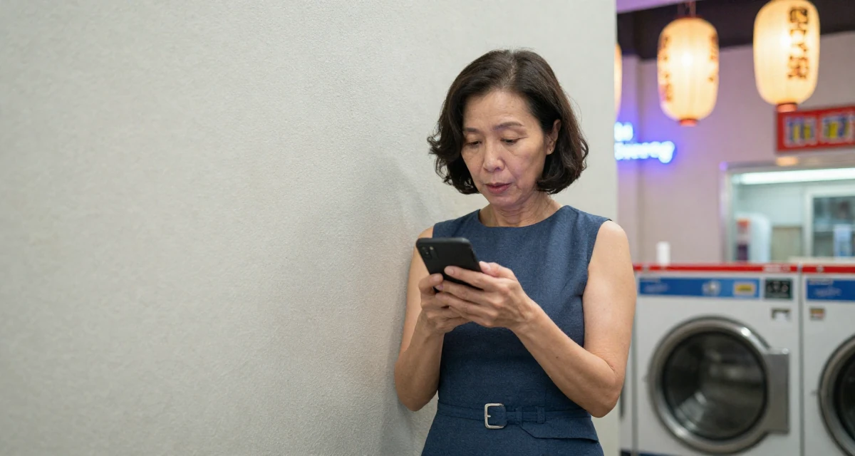 A fascinated Female From Hong Kong, trained in contemporary dance and visual expression in their 34, focusing on skincare and graceful aging, wearing a fitted sleeveless shift dress with a belt, scrolling casually in a laundromat with neon signs.