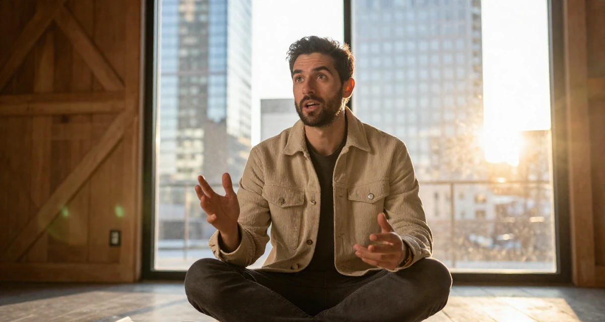 A grounded male From Canada, based in Montreal, graduated from a design program majoring in intimate visual arts in their 37, navigating the world of freelance consulting, wearing a soft texture corduroy jacket, gesturing while talking in a barn interior.