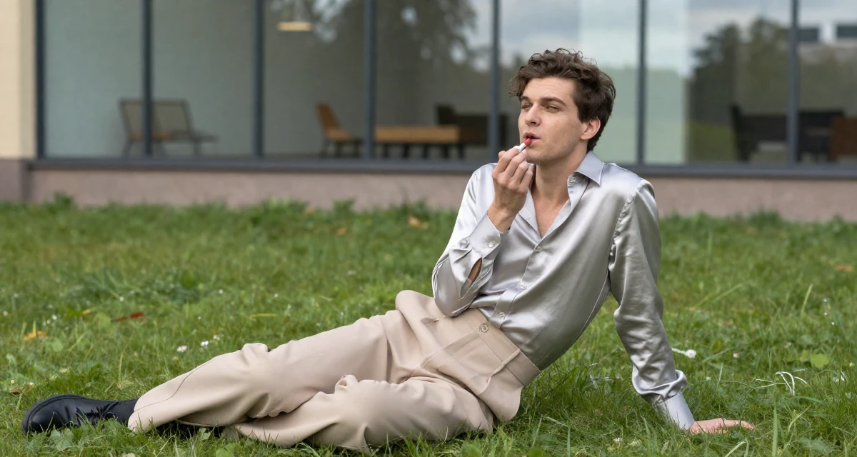 A cheeky male From Saint Petersburg Russia, studied visual storytelling in theatrical setups in their 23, looking sophisticated but feeling lost inside, wearing a high-waisted beige trousers and a tucked-in satin blouse, applying lipstick in a grassy field.