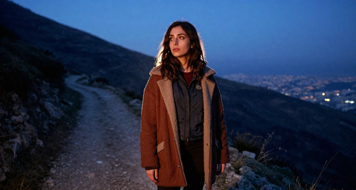 A soulful Female From Lebanon, based in Beirut, graduated from a creative institute majoring in expressive photoshoot styling in their 27, recovering from hustle culture fatigue, wearing a warm winter layered look, glancing sideways in a mountain trail.
