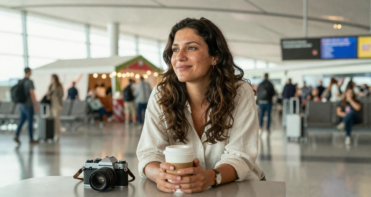 A hopeful Female From Israel, studied behavioral economics in their 24, healing from past emotional wounds, wearing a soft organic cotton clothing, holding a coffee cup with both hands in a airport terminal.