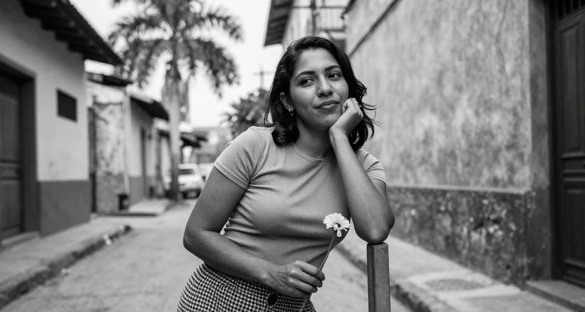 A carefree Female From Venezuela, majored in public administration in their 48, sharing lessons learned from failure, wearing a fitted ribbed top and a check pattern skirt, holding a single flower in a neon-lit alleyway.