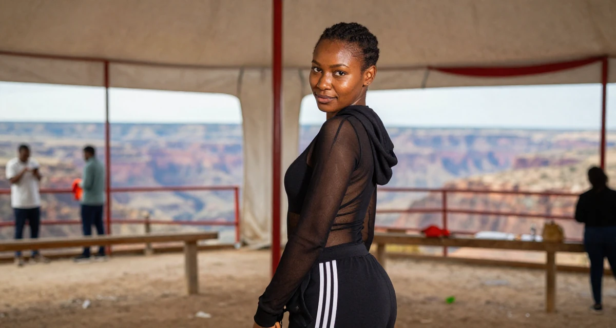 A lighthearted Female From Cameroon, majored in applied statistics in their 22, refining flirty messaging styles without oversharing, wearing a mesh paneled bodysuit and track pants, zipping up a hoodie in a circus tent interior.