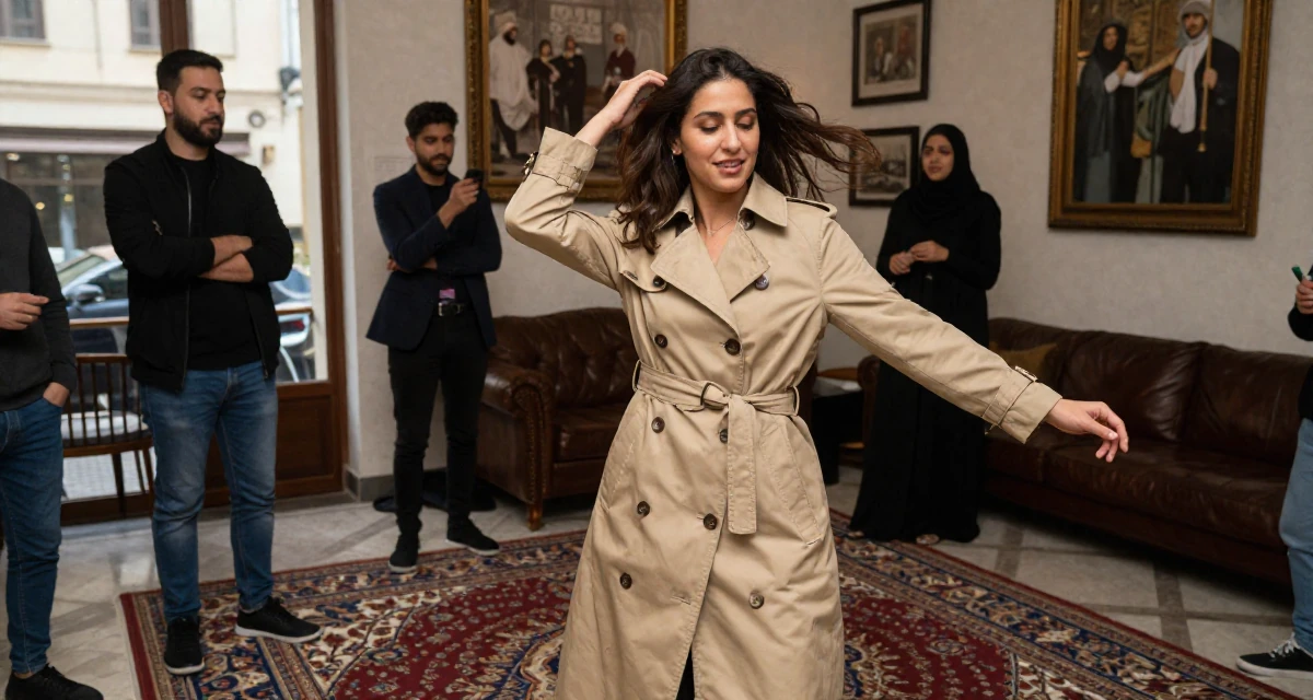 A friendly and approachable Female Grew up in Saudi Arabia, studied visual merchandising in their 43, mentoring young professionals in the field, wearing a long trench coat belted tightly at the waist, running fingers through hair in a home interior.