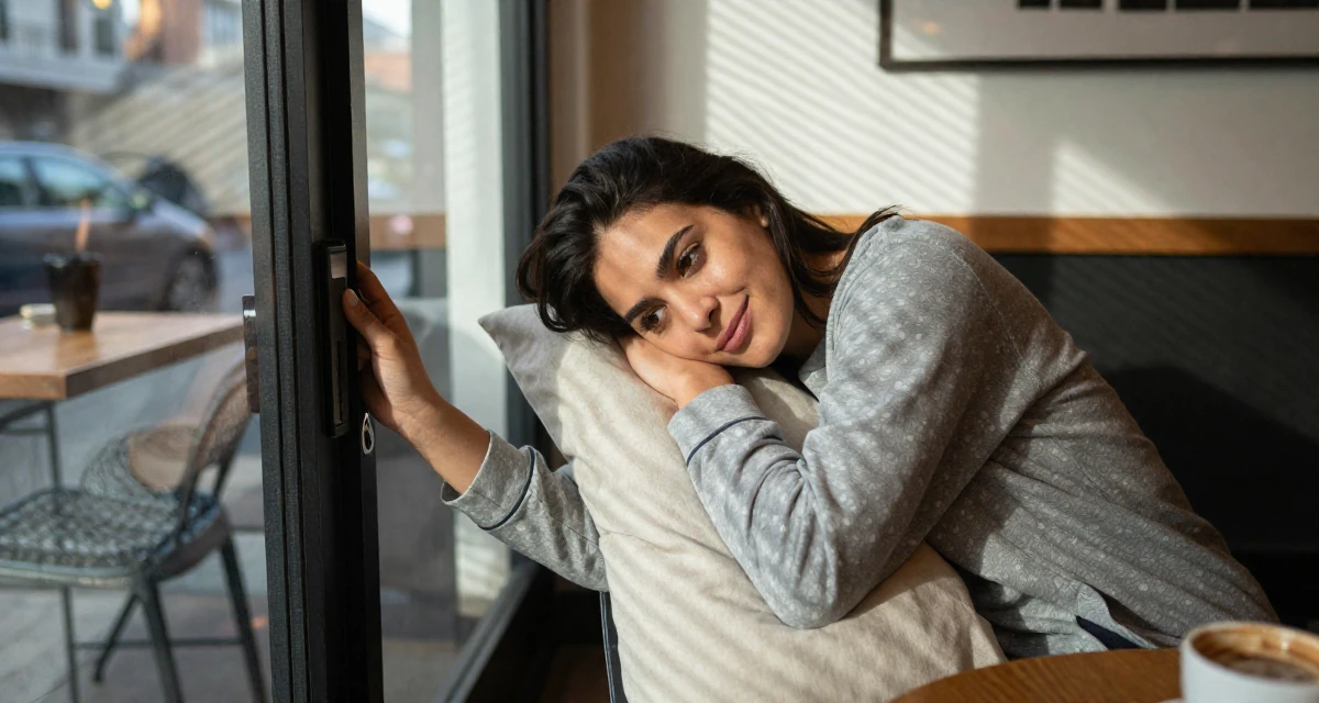 A radiant Female From USA, studied screenwriting in Los Angeles in their 25, learning responsibility through small failures, wearing a comfortable lounge wear set, pulling a door open in a trendy coffee shop.