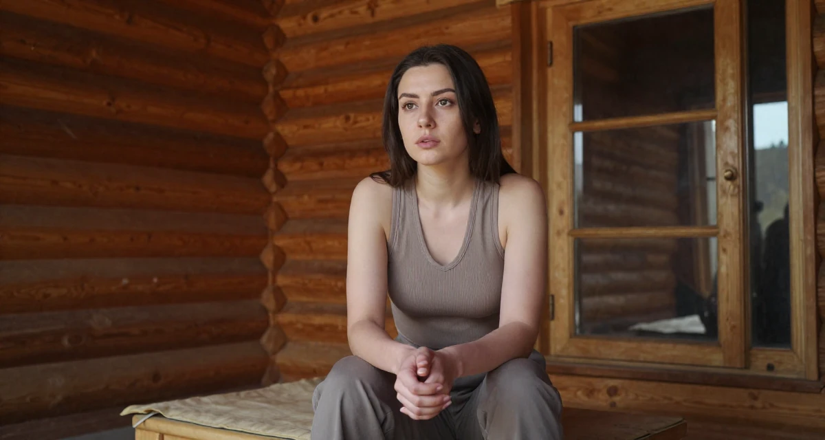 A focused Female From Uzbekistan, majored in information systems in their 22, exploring slow, teasing video styles within comfort limits, wearing a fitted vest top worn without a shirt underneath and slacks, clasping hands together in a rustic wooden cabin interior.