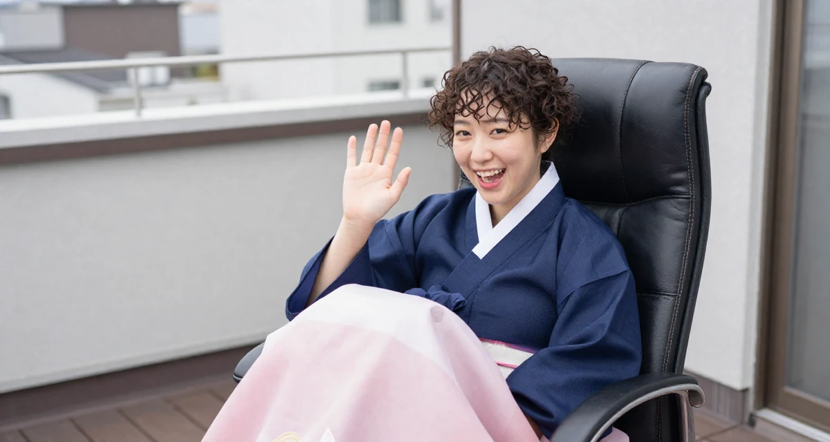 A vibrant and alive Female From Japan, majored in mechanical engineering in their 27, just moved into a small apartment alone, wearing a traditional hanbok modified for a modern look, waving to someone in a rooftop terrace.