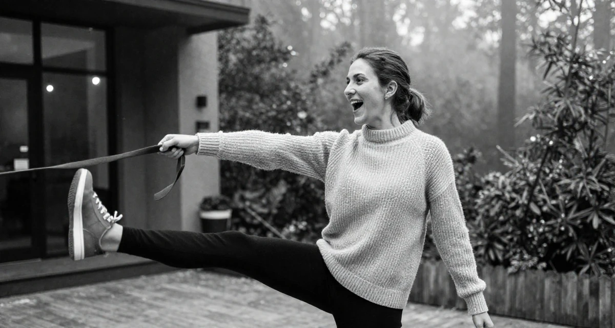 A enthusiastic Female Former personal trainer, now documenting transformation journeys for fans in their 32, building a side hustle while working full-time, wearing a textured wool sweater, holding a leash in a hotel lobby.