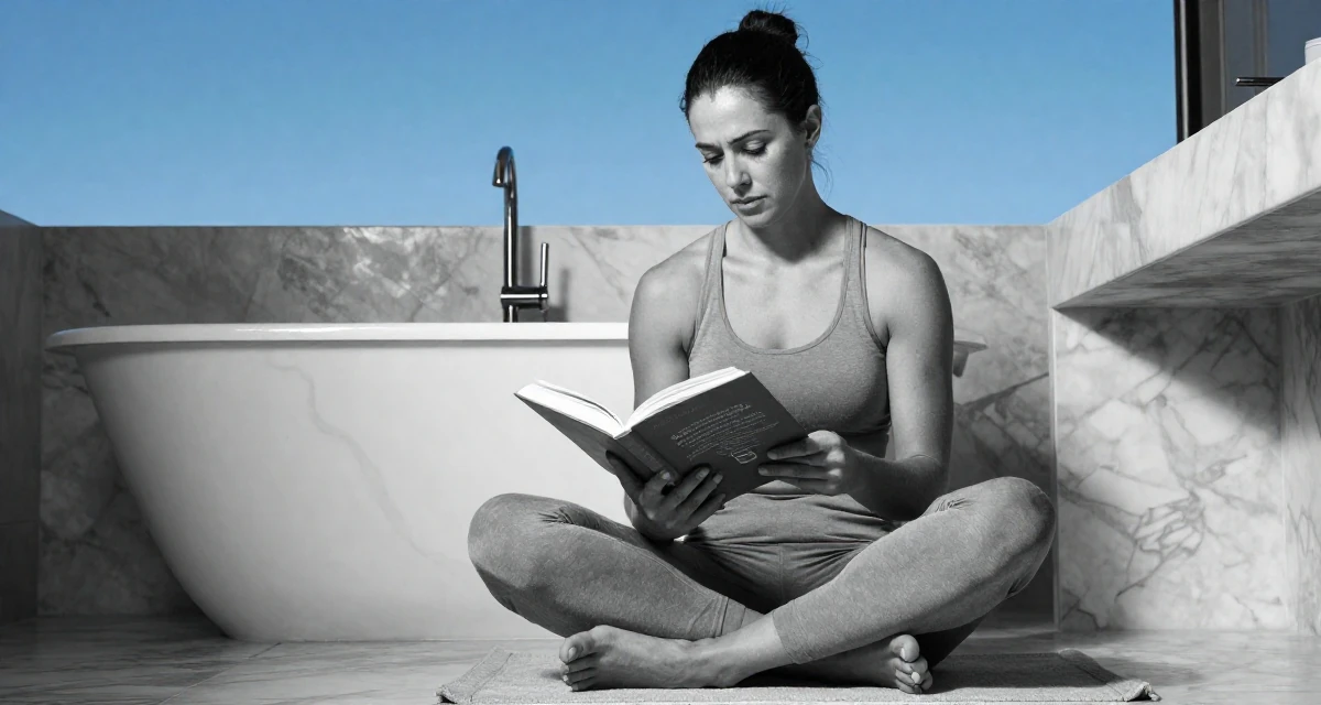 A melancholic Female From Sydney Australia, holds a degree in environmental science in their 48, fitness instructor focused on mobility and strength, wearing a relaxed fit suit separate, reading a book intently in a marble bathroom with a tub.