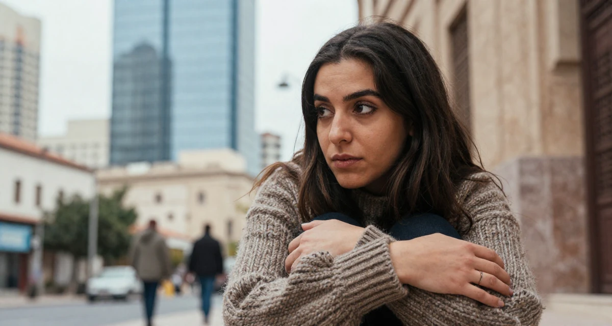 A engrossed Female From Morocco, based in Casablanca, graduated from a cultural college majoring in expressive movement studies in their 22, balancing personal dating life with creator identity, wearing a textured wool sweater, rubbing hands together for warmth in a historic downtown.