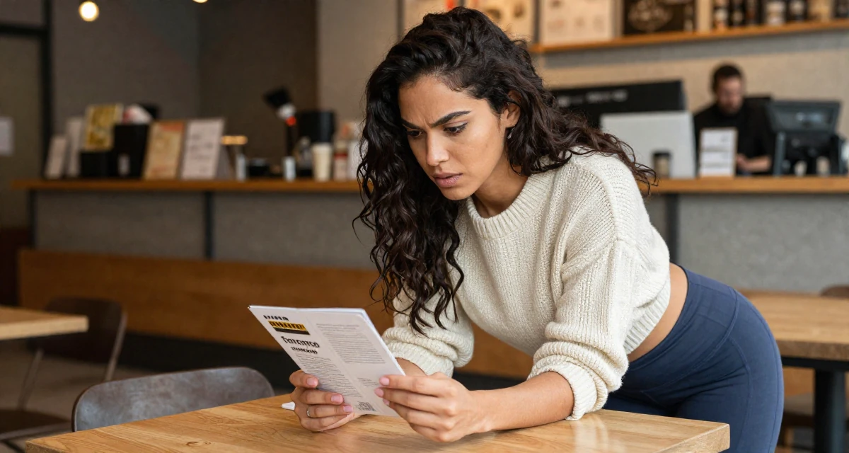 A intense Female From Toronto Canada, studied criminology in their 25, learning resilience through financial instability, wearing a cropped knitted sweater and form-fitting yoga pants, examining a product in a cozy café.