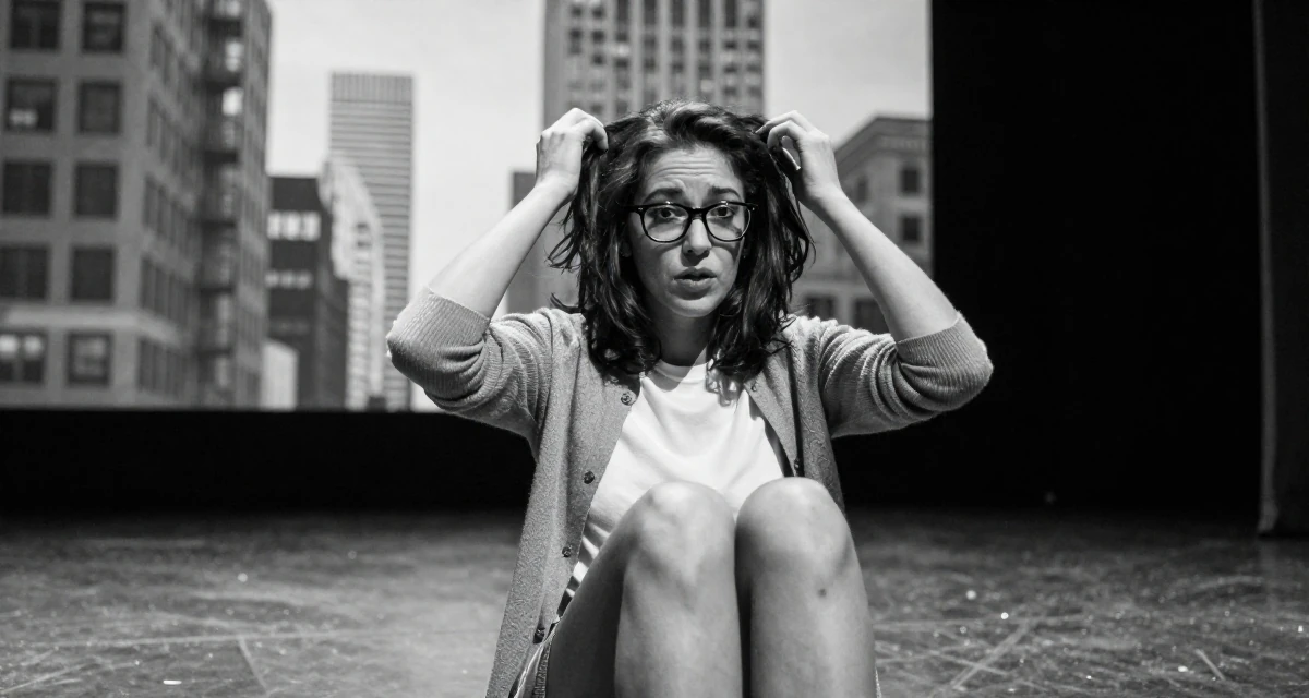 A grounded Female From the United States, based in Miami, graduated from a creative institute majoring in seductive branding in their 24, struggling with inconsistent motivation, wearing a librarian outfit with glasses and a tight cardigan, messing up hair playfully in a theater stage.