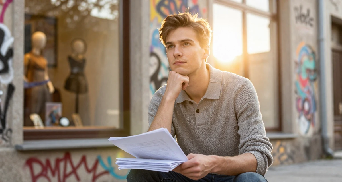 A poised male From Hungary, majored in economics in their 22, experimenting with cosplay or themed shoots, wearing a smart knit polo, carrying a stack of documents in a graffiti art wall.