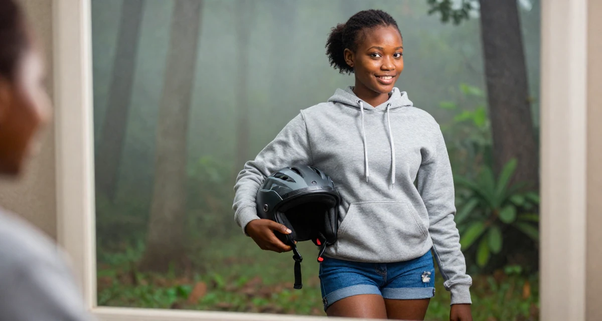 A lighthearted Female From Ghana, majored in banking and finance in their 22, dating casually to avoid serious commitment, wearing a casual hoodie and denim shorts, holding a helmet in a vanity mirror.