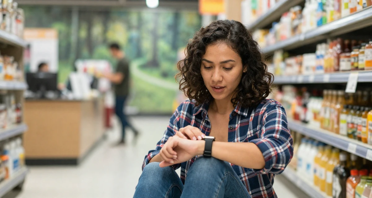 A spirited Female Raised in Vietnam, studied digital illustration in their 34, seeking spiritual or philosophical growth, wearing a casual plaid button-down, checking a wristwatch in a supermarket aisle.
