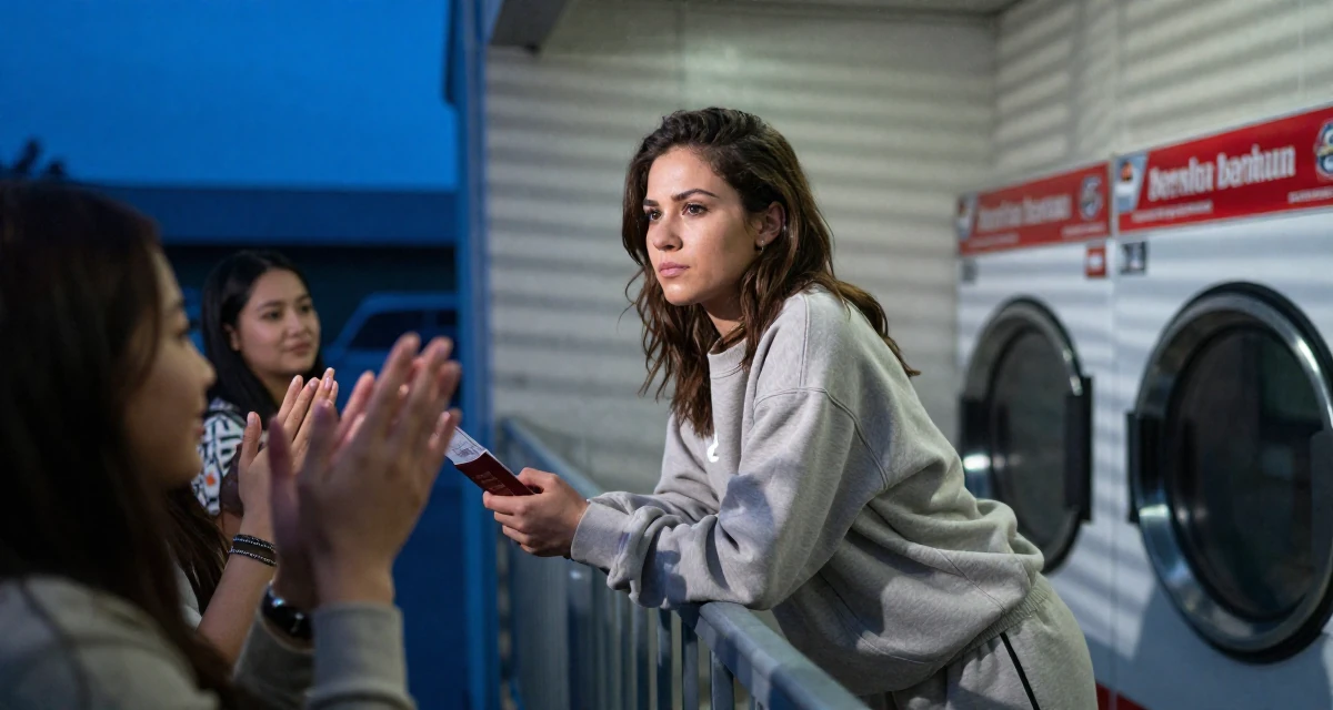 A resolute Female Former street-dance trainee, now offering choreography-based fan content in their 22, feeling powerful when fans appreciate confident vibes, wearing a relaxed jogger and sweatshirt combo, holding a passport or ticket in a laundromat.