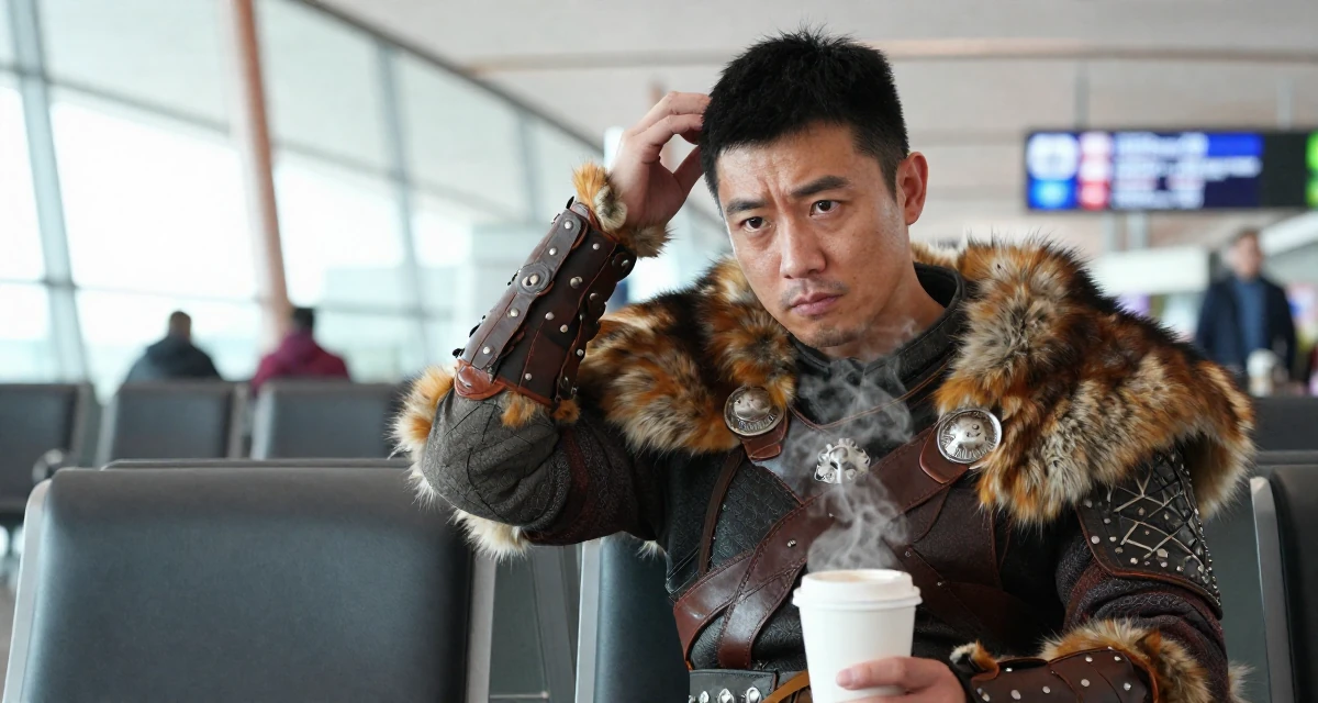 A stoic male Born Chinese-speaking regions, studied strategic communication in their 31, exploring local culture and hidden gems, wearing a viking shield-maiden outfit with fur and leather, running fingers through hair in a airport terminal.