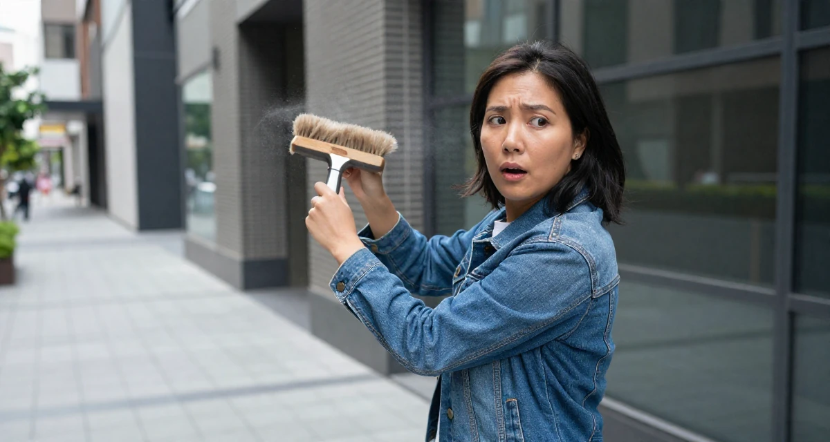 A surprised Female From Taiwan, based in Taichung, graduated from an arts academy majoring in visual storytelling in their 29, fighting the fear of being “too old for the platform”, wearing a classic denim jacket and white tee, brushing off dust in a city sidewalk.
