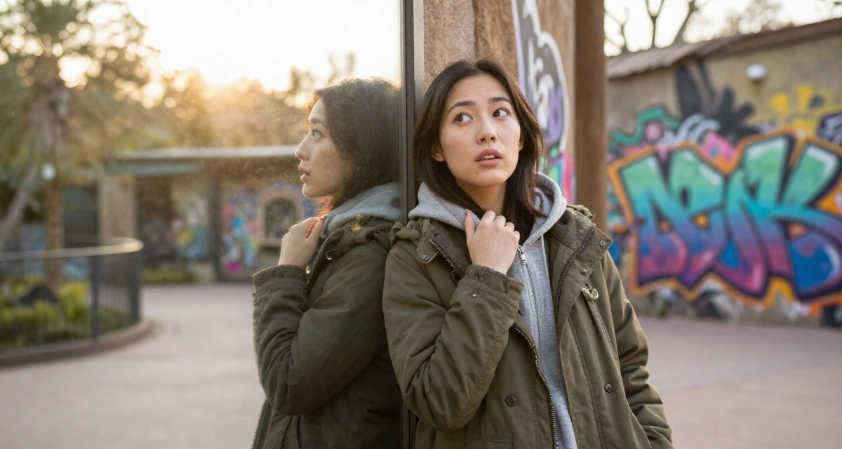 A expectant Female From Chinese-speaking regions, majored in marketing analytics in their 25, realizing no one teaches emotional labor in creator work, wearing a stylish parka jacket, zipping up a hoodie in a zoo pathway.