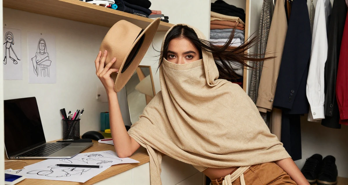 A judgemental Female From Vietnam, based in Nha Trang, graduated from a media school majoring in soft-romantic content direction in their 22, forcing confidence even on days with no energy, wearing a desert nomad wrap outfit with a face veil, holding a hat against the wind in a walk-in wardrobe.
