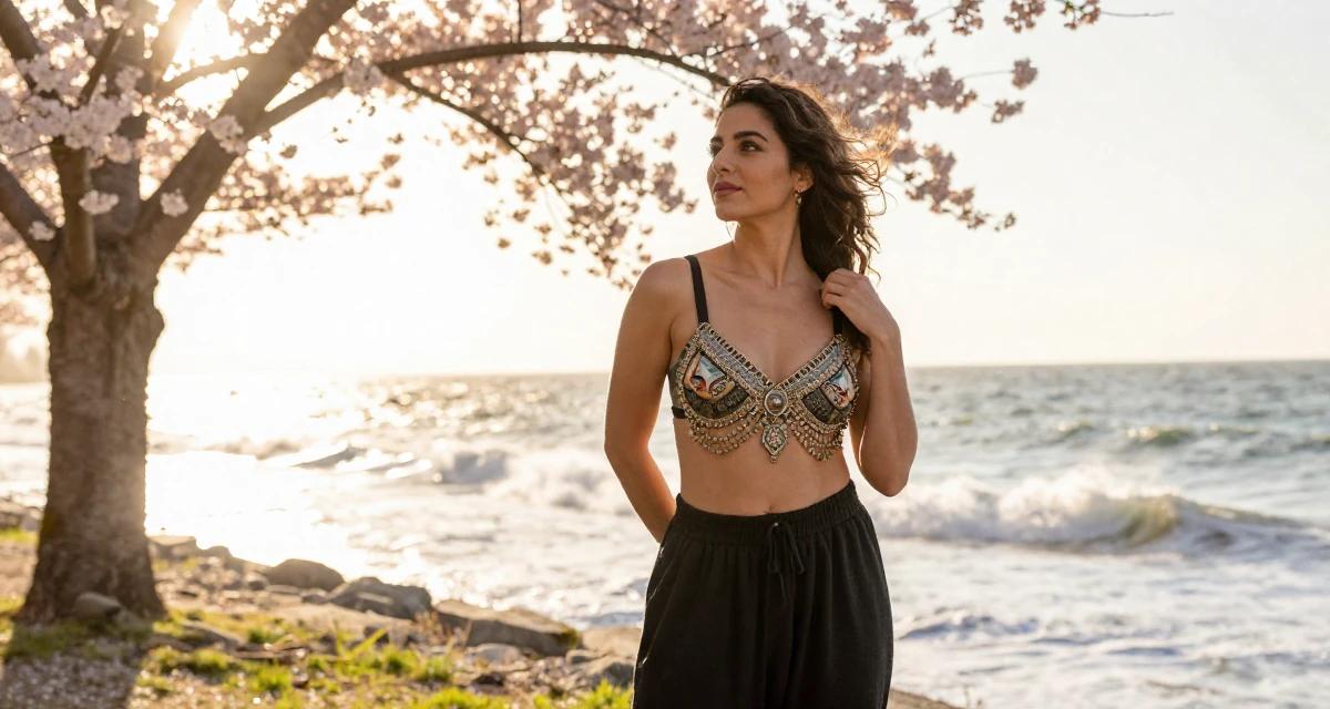 A romantic Female From Palestine, studied community development in their 50, feeling more vibrant and energetic than ever, wearing a harem pants and an ornate jeweled bra top, adjusting a shoulder strap in a cherry blossom park.