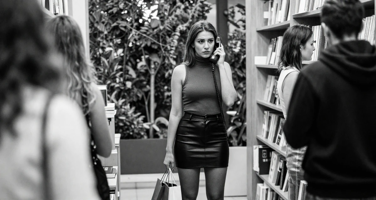 A fearless Female From Serbia, based in Niš, graduated from a media program majoring in intimate persona development in their 28, leading a small team for the first time, wearing a fitted turtleneck sleeveless top and a leather mini skirt, holding a shopping bag in a bookstore aisle.
