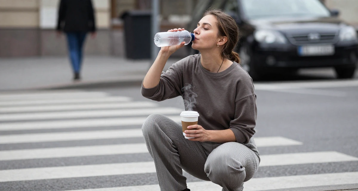 A resilient Female From Russia, studied computer science at a technical university in their 25, establishing a distinct personal brand, wearing a relaxed fit pleated trousers, drinking from a water bottle in a busy crosswalk.