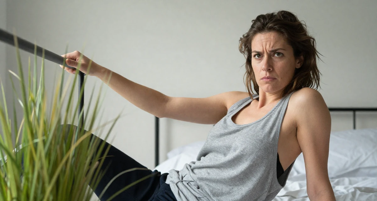 A intense Female From UK, has a background in history and archaeology in their 22, navigating the confusing world of office politics, wearing a loose tank top with deep side cuts, holding a railing in a minimalist bedroom.