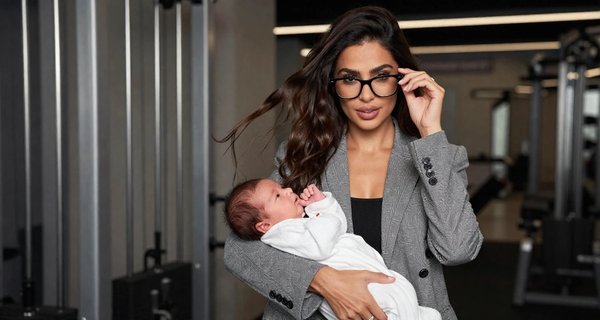 A quietly confident Female From Dubai UAE, majored in luxury branding and lifestyle presentation in their 35, caring for a newborn, wearing a smart casual blazer ensemble, adjusting glasses in a gym interior.