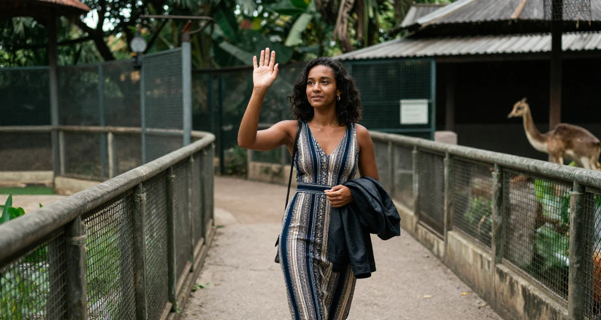 A coy Female From Jamaica, studied event management in their 25, appreciating quiet mornings and routines, wearing a sophisticated midi dress, putting on a jacket in a zoo enclosure path.