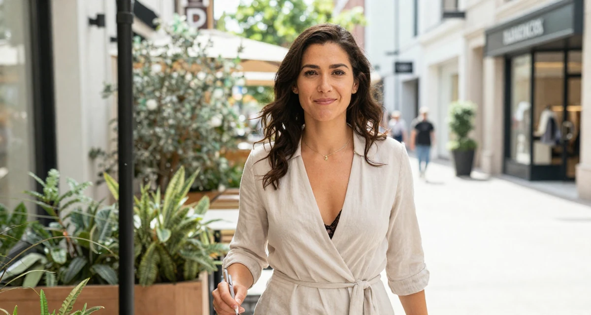 A cheeky Female Former small-town teacher, now exploring expressive photography in their 23, experimenting with bolder lingerie styles while staying safe, wearing a wrap blouse with a deep neckline, holding a pen in a sunny patio.