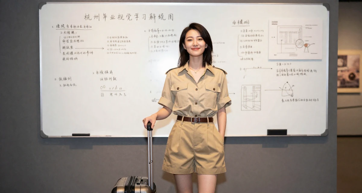 A blissful Female From Hangzhou China, majored in visual arts in their 25, adapting to algorithm changes on promo platforms, wearing a safari explorer outfit with khaki shorts, pulling a suitcase in a museum exhibit.