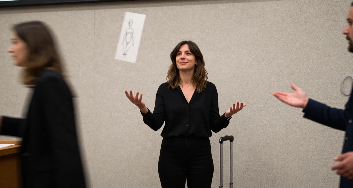 A softly smiling Female From Rome Italy, studied classical body aesthetics and figure drawing in their 43, juggling two jobs, wearing a monochromatic black outfit, polling a luggage handle in a lecture hall.
