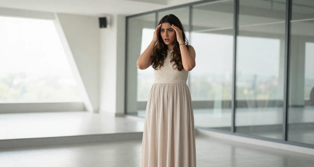 A anxious but excited Female From Pakistan, based in Lahore, graduated from a business school majoring in marketing management in their 35, teaching financial literacy to other women, wearing a flowing maxi skirt and top, pushing hair from face in a yoga studio.