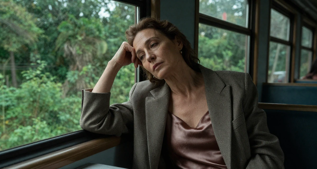 A gently serious Female From Ankara Türkiye, practiced intimate photography aesthetics in their 40, defying stereotypes of aging women, wearing a satin slip skirt paired with a structured blazer, resting a hand on the forehead in a train carriage.