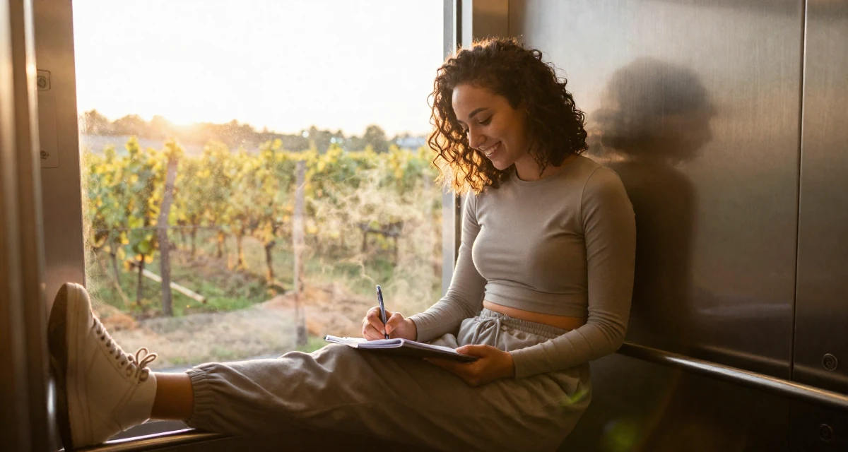 A friendly and approachable Female From Hamburg Germany, majored in sociology in their 21, enjoying the peak of carefree student life, wearing a tight long-sleeve crop top and jogger pants, holding a pen poised to write in a elevator hall.