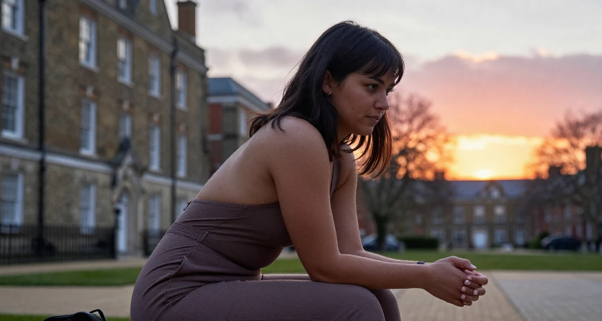 A determined Female From UK, studied fashion marketing in London in their 25, exploring personal identity for the first time, wearing a fitted jumpsuit with an open back design, clasping hands together in a university campus.