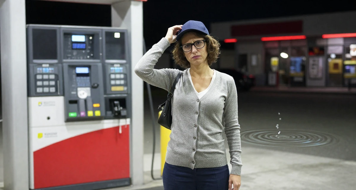 A unimpressed Female From Romania, studied computer science in their 37, establishing authority in a niche market, wearing a librarian outfit with glasses and a tight cardigan, tipping a hat in a gas station at night.