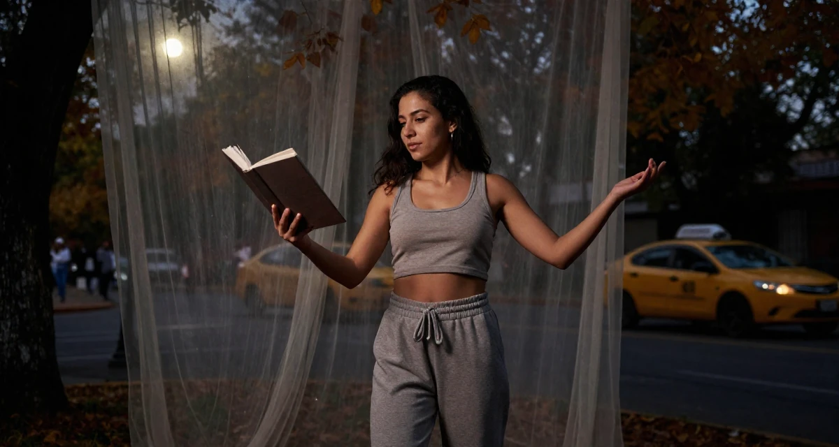 A quietly confident Female From Mexico, based in Monterrey, graduated from a private university majoring in communication studies in their 47, creating a guide for solo female travel, wearing a cropped tank top and low-waisted sweatpants, opening a book in a autumn forest.