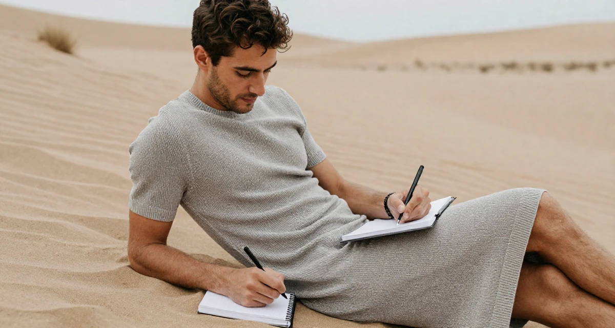A tranquil male From Aarhus Denmark, studied digital concept development in their 25, developing discipline through daily habits, wearing a fitted knit dress with a side slit, writing in a notebook in a desert landscape.