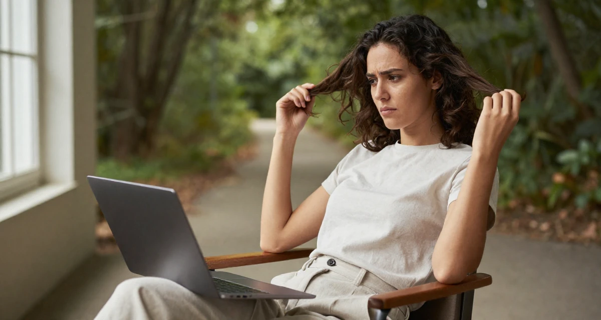 A suspicious Female Former phone-shop clerk, now combining tech and lifestyle content in their 25, discovering early creative passions, wearing a clean, neutral-toned casual outfit, twirling a lock of hair in a forest path.