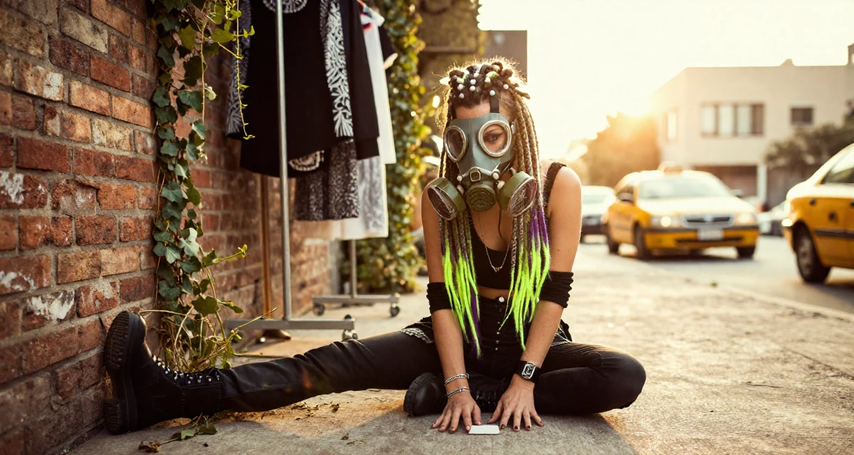 A energetic Female From UAE, studied business administration in their 35, creating plant-based recipes for families, wearing a cyber-goth outfit with gas mask and neon dreads, looking down at the ground shyly in a fashion design studio.