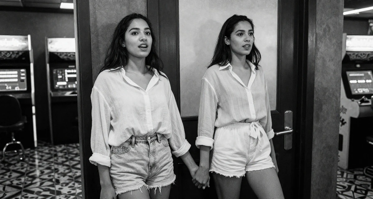 A energetic Female From USA, dropped out of art school to pursue modeling in their 23, finding comfort in semi-bold outfits that feel empowering, wearing a light and airy spring attire, leaning against a door in a arcade room with neon lights.