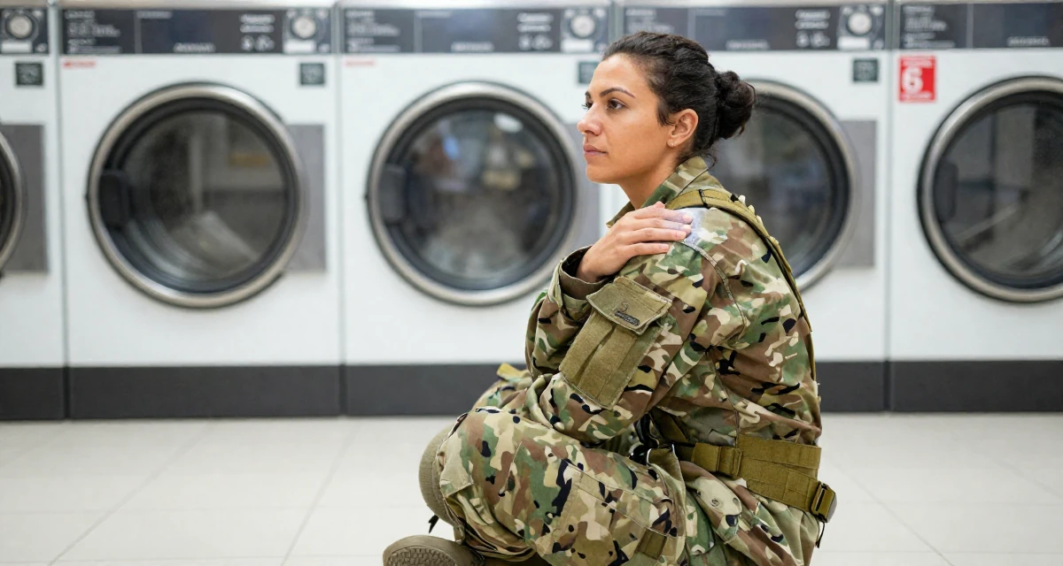 A thoughtfully silent Female From Munich Germany, studied mechanical engineering in their 33, embracing a solo travel lifestyle, wearing a commando outfit with camouflage paint and tactical harness, dusting off the shoulder in a laundromat.
